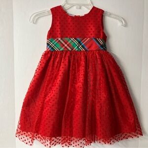 Blueberi Boulevard Girl’s  Dress, Size 5, Red w Plaid Sash, Polka Dot Overlay